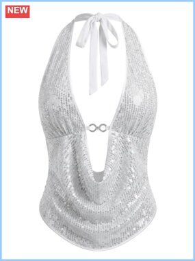 Women's Sequin Halter Tank Crop Top Y2K Rave Party